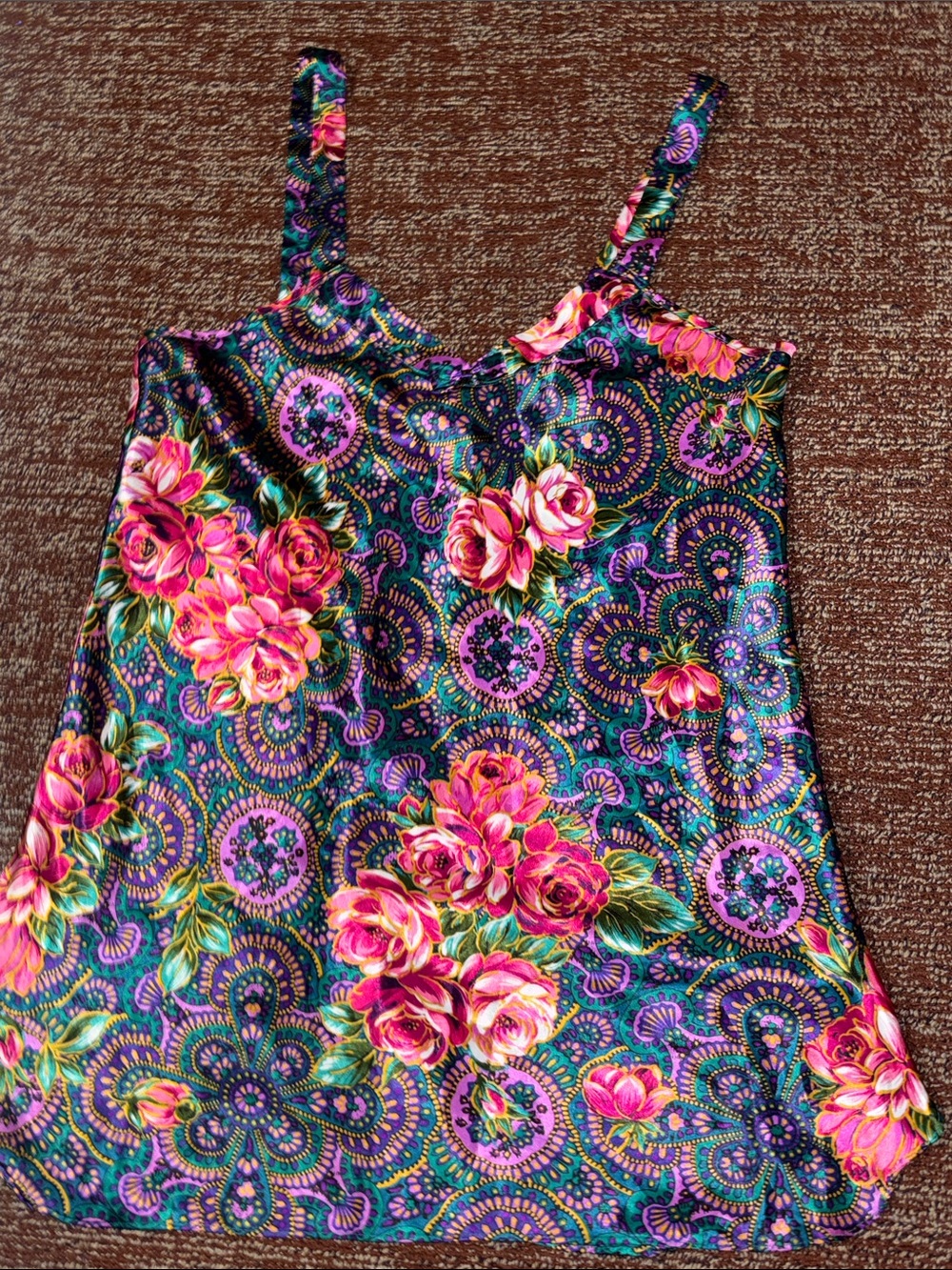California Dynasty satin sleep shirt rose mandala multicolor nighty side slit M